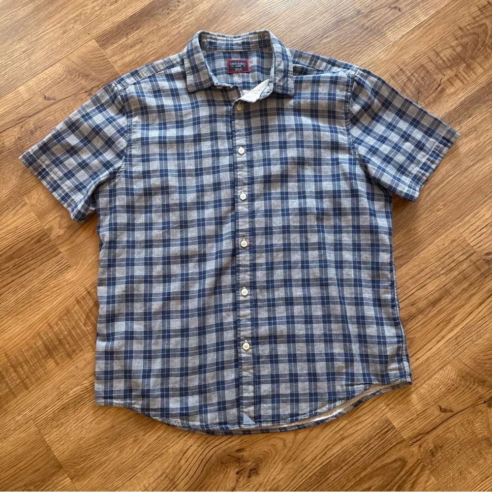 UNTUCKit Zuccardi Mens Large  Blue Plaid 100% Cotton Short Sleeve Button Shirt